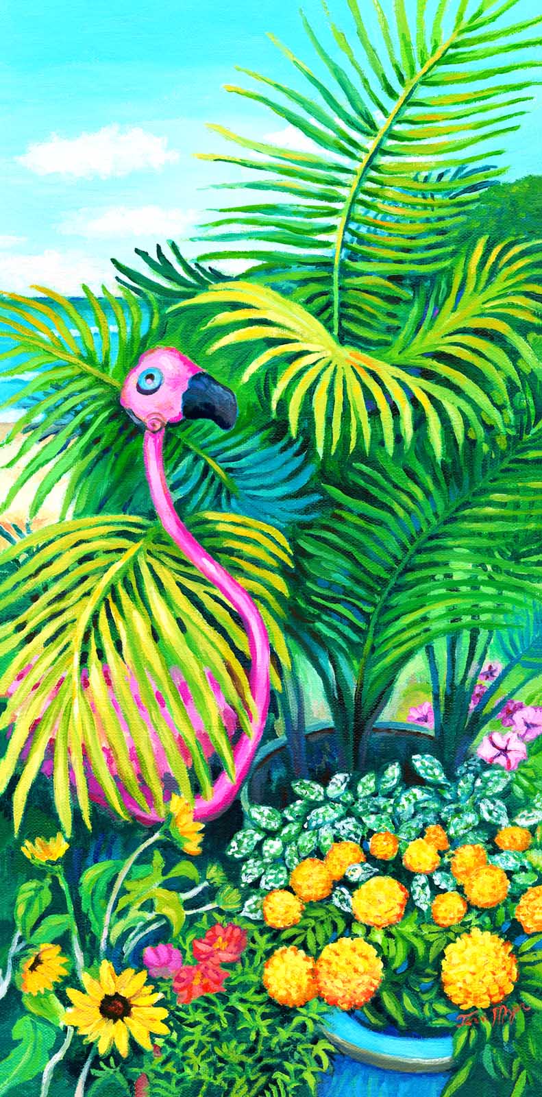 Flamingo on Deck - Flower and palm leaves surround a pink, metal flamingo on the deck of the artist's home.