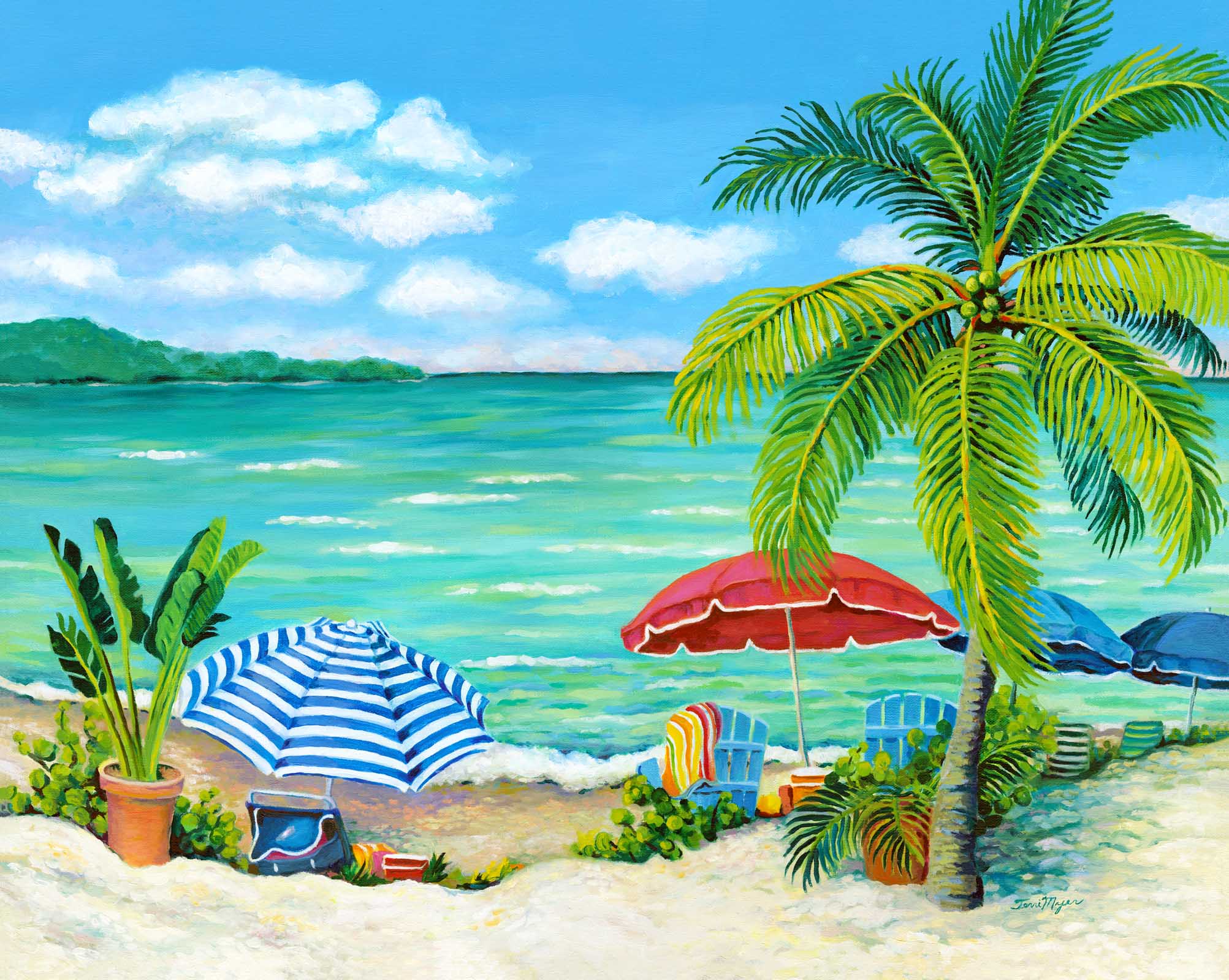 Just Beachy - A colorful Caribbean beach setting with a red umbrella, a Blue umbrella, palm trees, and beach chairs. These are set with a background of azure sea and blue skies with puffy white clouds. 